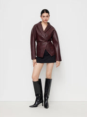 Faux Leather Collar Button Elastic Waist Jacket