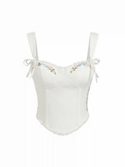 Cotton-blend Sweetheart Floral Embroidery Bowknot Cami Top