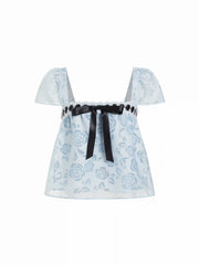 Textured Floral Square Neck Puff Sleeve Bowknot Lace Trim Blouse