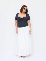 Cotton-blend Square Neck Lace Panel Ruched Bodysuit Curve & Plus