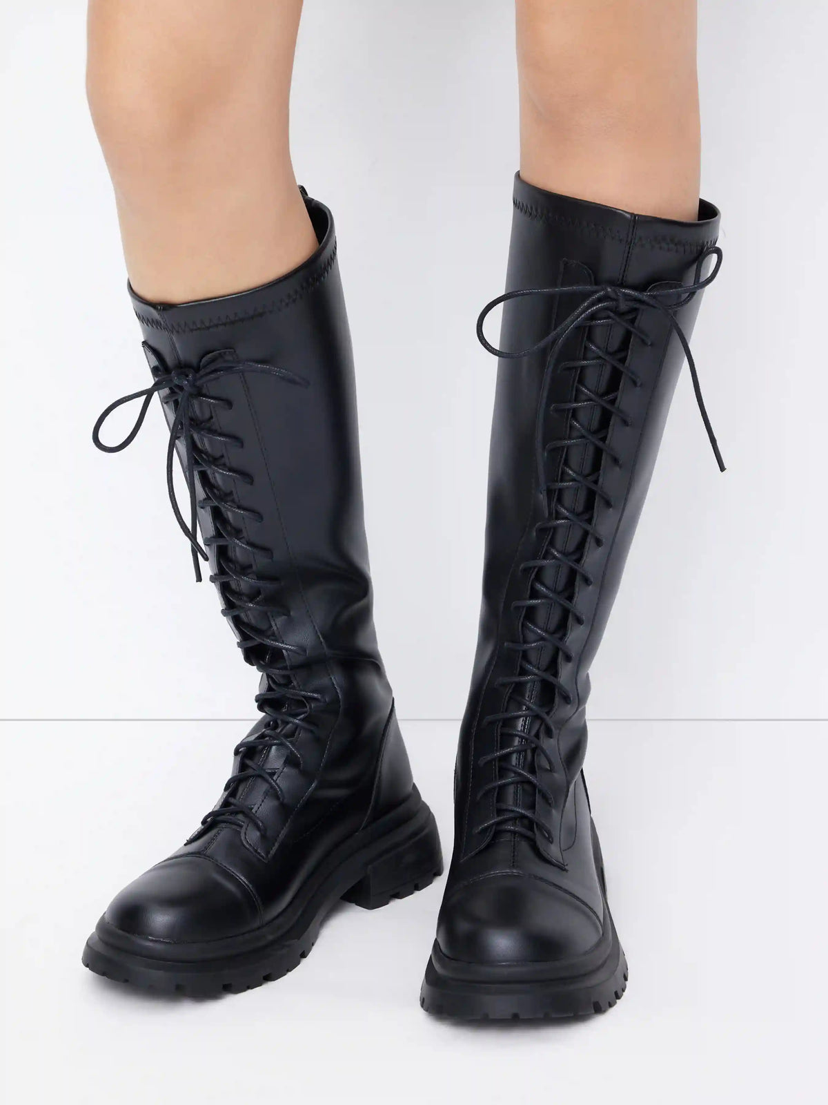 ROUND TOE LACE-UP CHUNKY HEEL KNEE HGH BOOTES