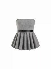 Knit Strapless Ruffled Peplum Crop Top With Belt