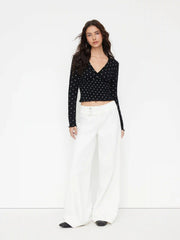 Cotton-blend V-Neck Polka Dot Smocked Lettuce Trim Top