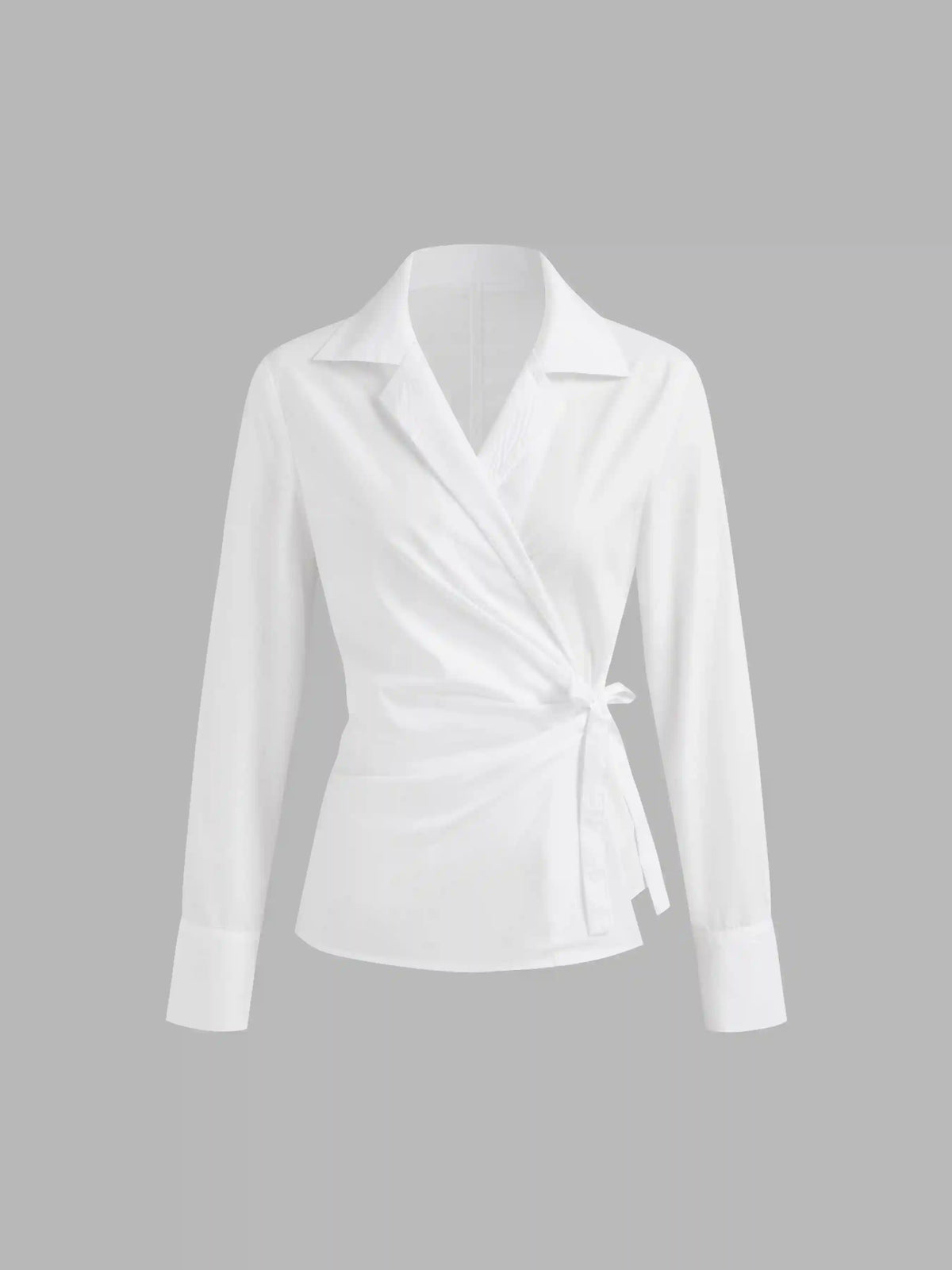 Cotton-blend Collar Solid Wrap Knotted Long Sleeve Shirt