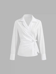 Cotton-blend Collar Solid Wrap Knotted Long Sleeve Shirt