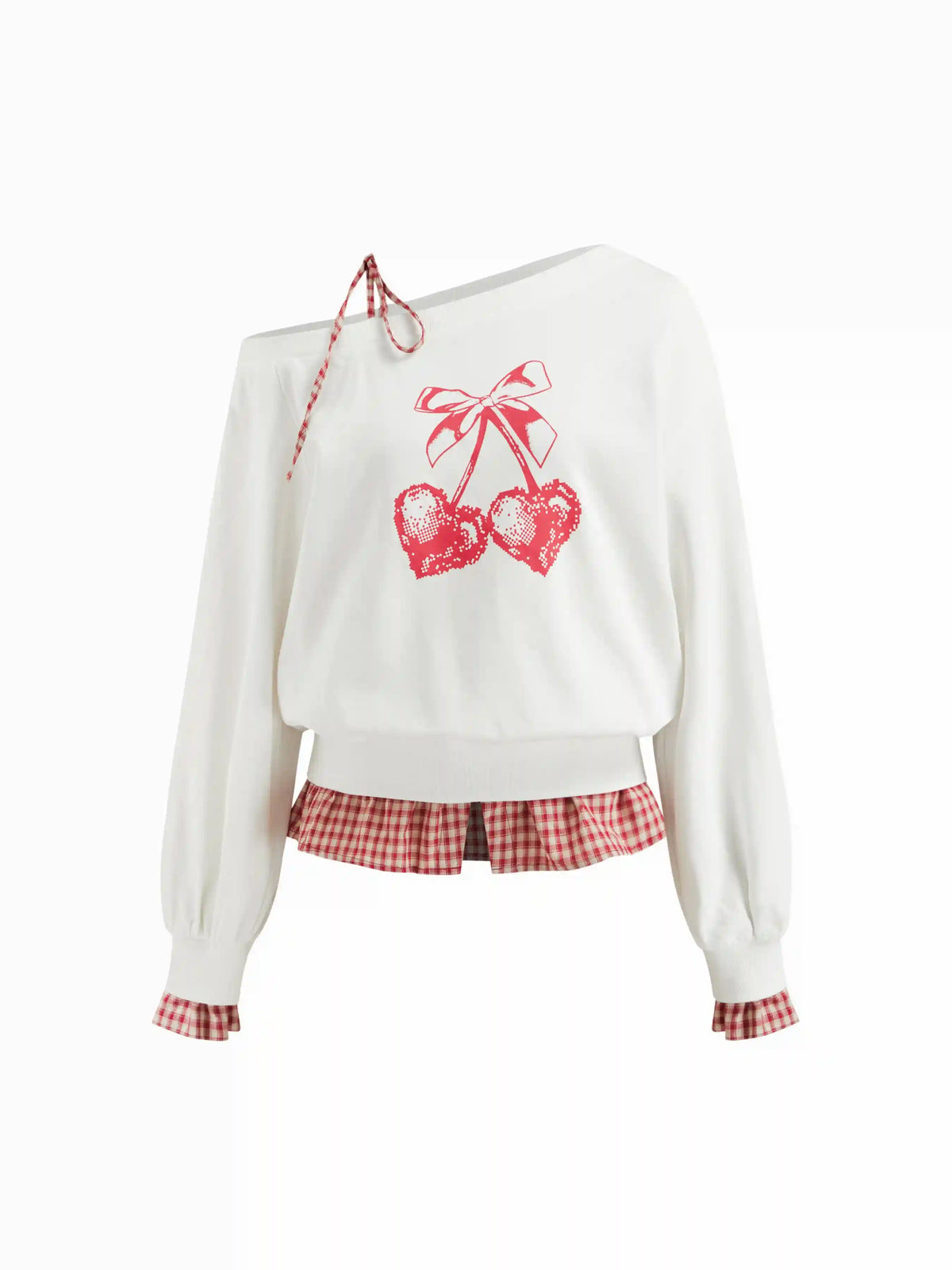 Two Tone Cotton Asymmetrical Neck Cherry Graphic Gingham Knotted Sweatshirt