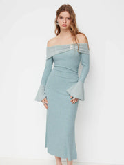 Off-shoulder Bell Sleeve Rhinestone Ruched Maxi Dress