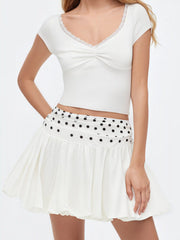 Mid Rise Polka Dot Ruched Bubble Hem Mini Skirt