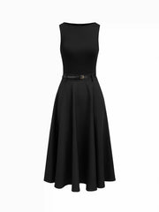 Round Neckline Sleeveless Pocket Midi Flared Dress With Belt