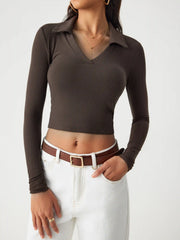 Solid Collar Long Sleeve Crop Top