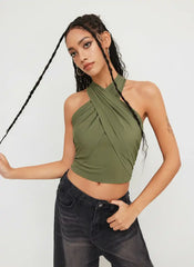 Cross Halter Shirred Back Crop Top