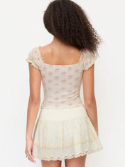 Floral Sweetheart Neckline Ruched Lace Trim Tie Front Top