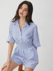 Cotton-Blend Striped Collar Shirred Waist Romper