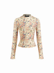 High Neck Floral Lettuce Trim Long Sleeve Top