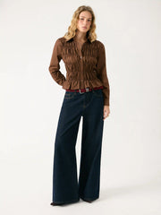 Cotton-blend Collar Shirred Ruffled Hem Blouse