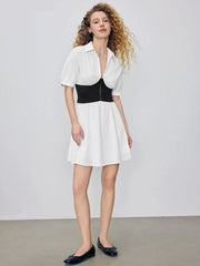 Collar V-neck Two Tone Ruffle Solid Mini Dress
