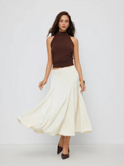 Satin Mid Rise Flared Midi Skirt