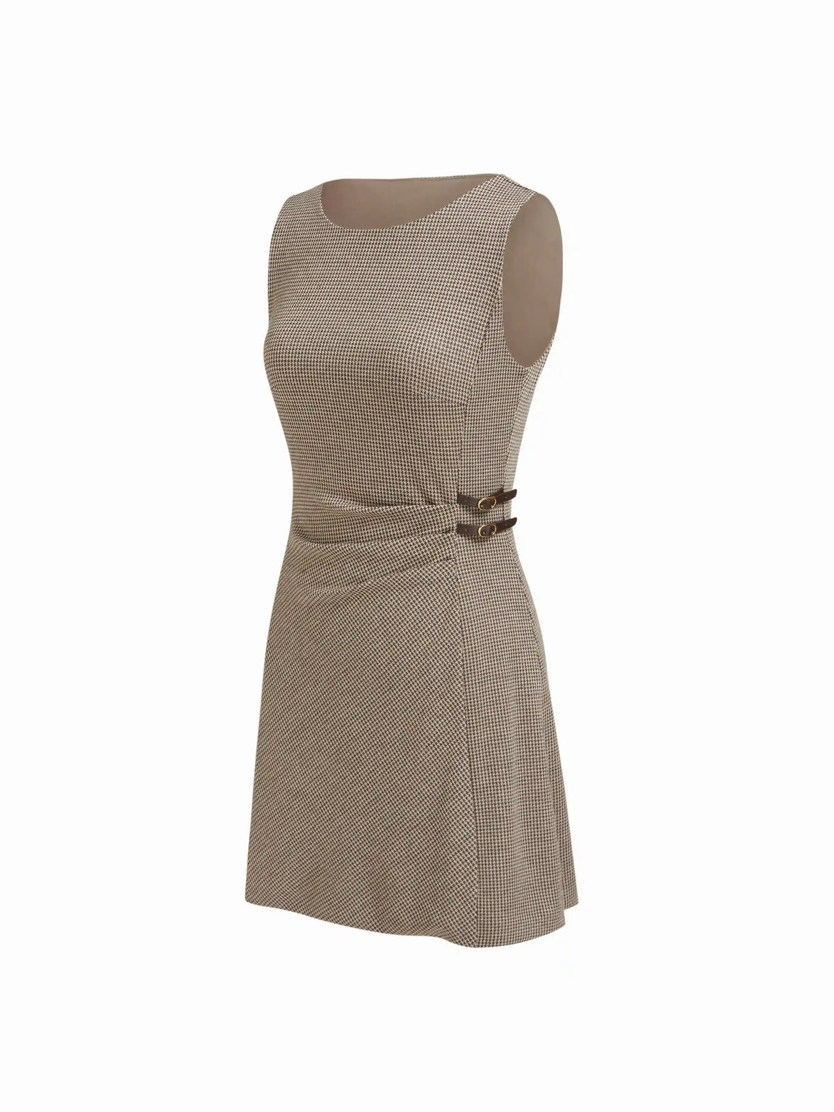 Boat Neck Houndstooth Ruched Mini Tank Dress With Side Buckle