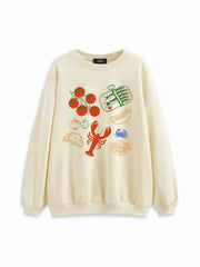 Cotton-blend Seafood & Vegetable Graphic Oversized Sweatshirt