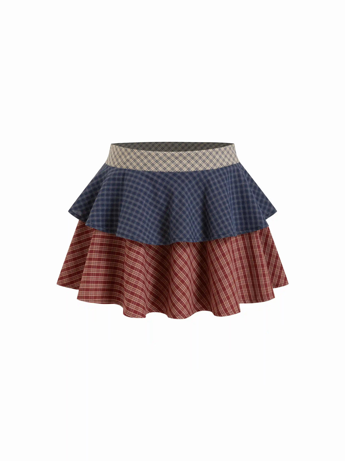 Cotton-blend Low Rise Plaid Ruffled Tiered Mini Skirt