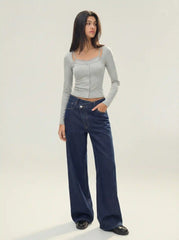 Cotton-blend Lace Trim Square Neck Long Sleeve Top