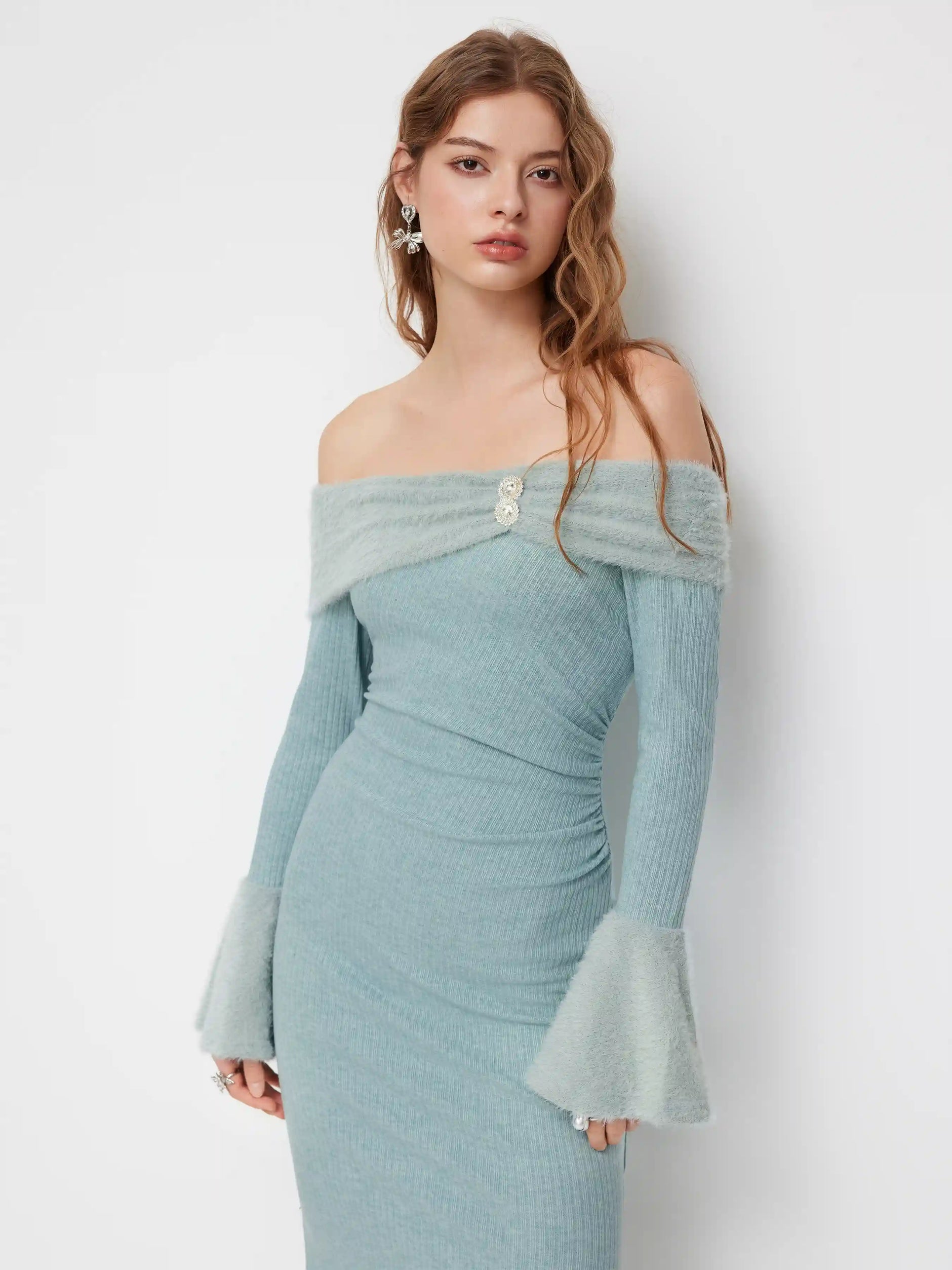 Off-shoulder Bell Sleeve Rhinestone Ruched Maxi Dress