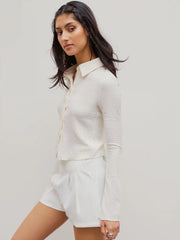 Texture Solid Bell Sleeve Crop Shirt