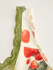 V-neck Strawberry Graphic Contrasting Binding Knotted Mini Dress