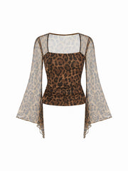 Chiffon Leopard Square Neck Bell Sleeve Top