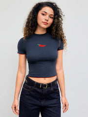 Round Neckline Pepper Embroidery Contrasting Binding Short Sleeve Tee