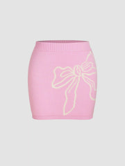 Mid Rise Bowknot Graphic Knitted Mini Skirt