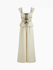 Square Neck Bowknot Contrasting Binding Lettuce Trim Tiered Jumpsuit