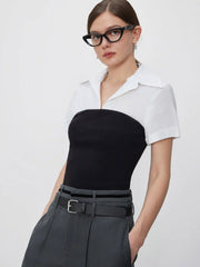 Collar Two Tone Patchy Short Sleeve Shirt