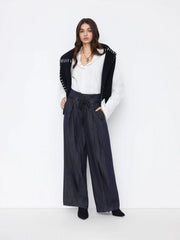 Denim Low Rise Pleated Wide Leg Jeans With Rope Belt