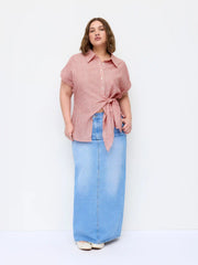 Linen-blend Stripe Asymmetrical Tie-front Blouse Curve & Plus