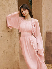 Chiffon Boat Neck Bell Sleeve Ruffled Flared Maxi Dress