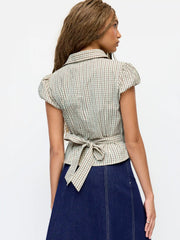 Cotton-blend Plaid Puff Sleeve Ruched Blouse