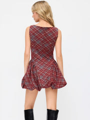 Wool-look Boat Neck Tartan Plaid Bubble Hem Mini Dress