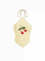 Linen-blend Halter Neckline Tie Back Cherry Embroidery Top