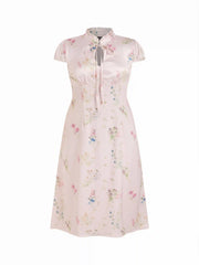 Satin Floral Mandarin Collar Tie Front Cut Out Maxi Mandarin Dress Curve & Plus