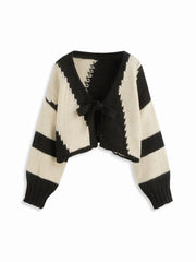 Knit V-neck Striped Tie Front Cardigan