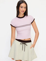 Knit Round Neckline Short Sleeve Contrasting Binding Top