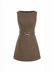 Boat Neck Metal Detail Zipper Mini Dress With Belt