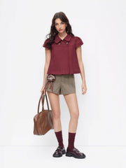 Cotton-blend Collar Double Breasted Short Puff Sleeve Oversized Blouse