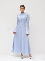 Stand Collar Ruched Ruffle Lace Up Maxi Dress
