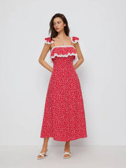Floral Square Neck Lace Trim Ruffle Babydoll Oversized Maxi Dress