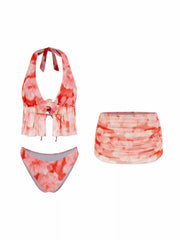Floral Halter Neck Ruched Flower Detail Bikini Set With Cover Up Skirt