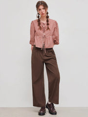 Cotton-blend Round Neckline Gingham Tie Front Long Sleeve Blouse