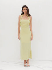Halter Neckline Ruched Cut Out Back Maxi Dress