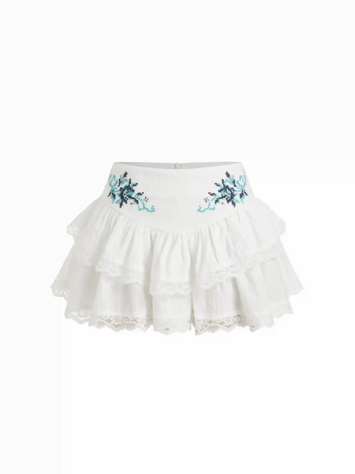 Jacquard Floral Embroidery Lace Ruffle Tiered Mid Rise Mini Skirt